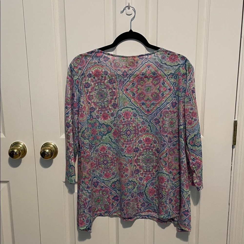🐥Ruby Rd. Colorful Mosaic Long Sleeve Top - Picture 3 of 4